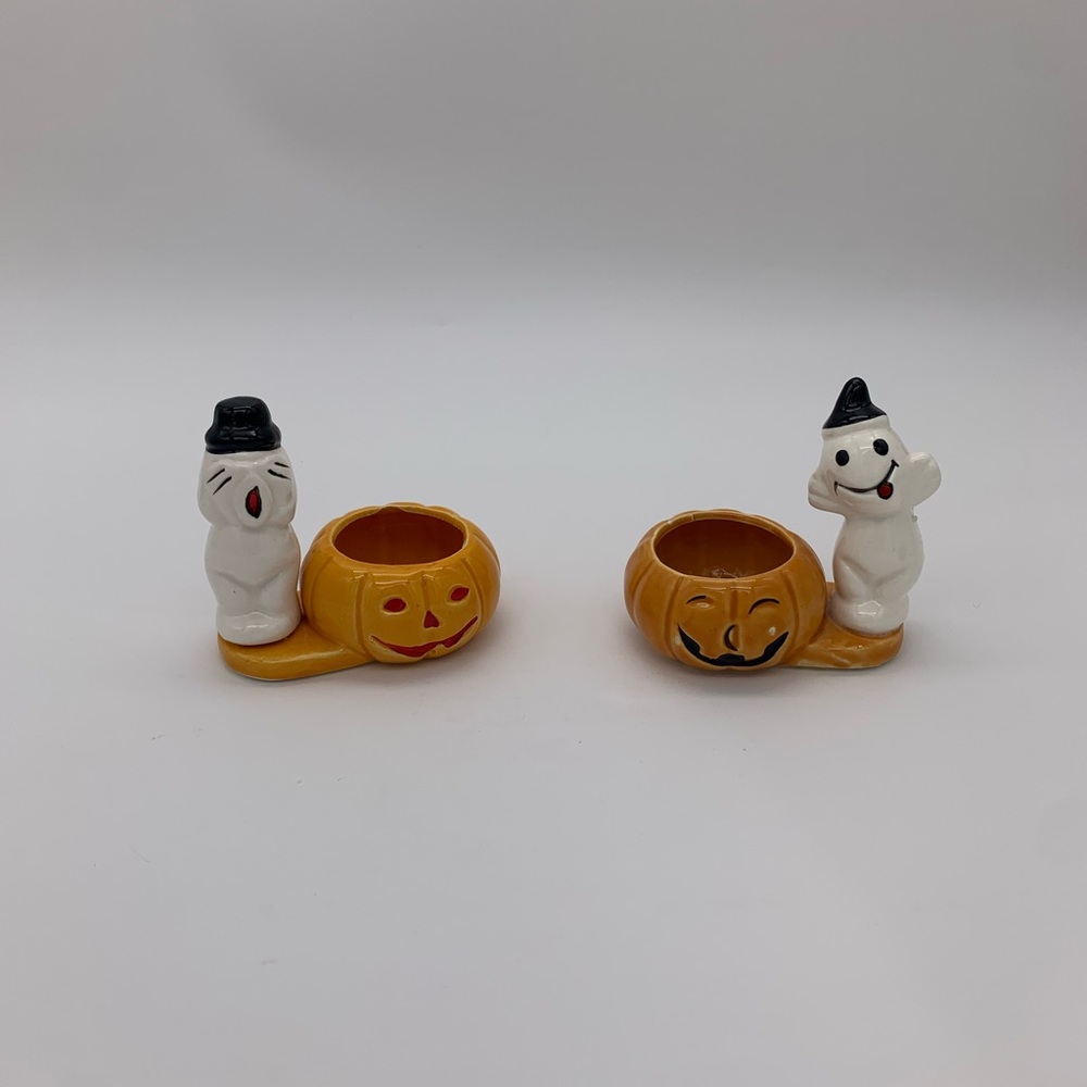Vintage Retro 1988 Ceramic Pumpkin & Ghost Succulent Tealight Candle Holders Set - Picture 4 of 14
